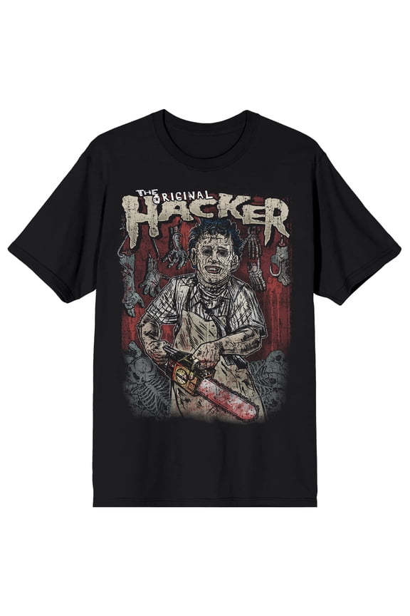 Texas Chainsaw Massacre Original Hacker Illustrated Leatherface on Black Adult Crew Neck Short Sleeve T-shirt - Medium