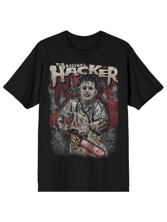 Texas Chainsaw Massacre Original Hacker Illustrated Leatherface on Black Adult Crew Neck Short Sleeve T-shirt - XL