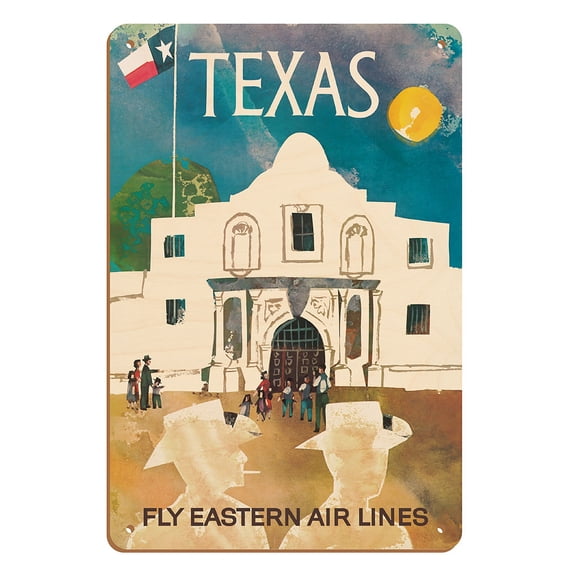 Texas - Cowboys at The Alamo - Lone Star Flag - Eastern Air Lines - Vintage Travel Poster by Joseph Charles Parker c.1960s - 8 x 12 inch Vintage Wood Art Sign
