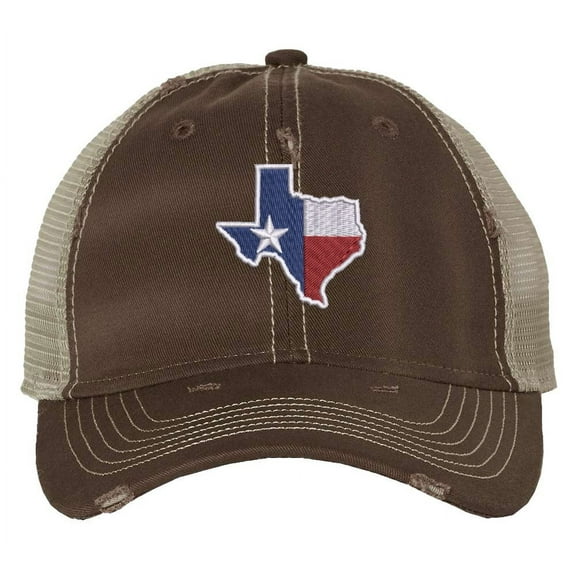 Texas State Hat - Distressed Flag Design - Vintage Lone Star Trucker Strapback Cap (Brown)