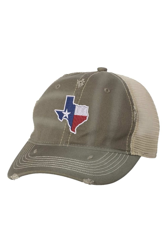 Texas State Hat - Distressed Flag Design - Vintage Lone Star Trucker Strapback Cap (Olive)