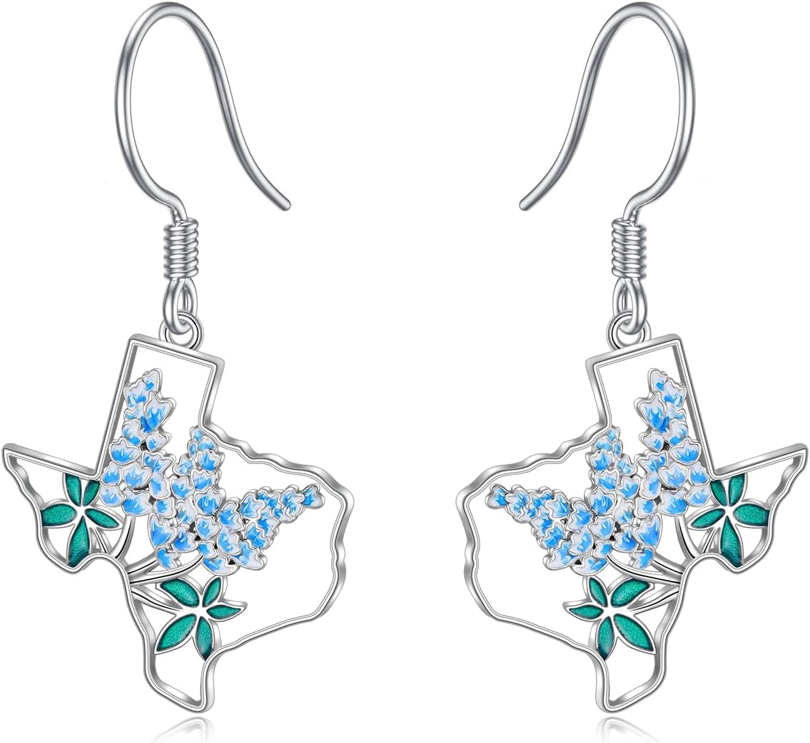 Texas Earrings 925 Sterling Silver Texas State Map Flag Dangle Earrings Hometown Bluebonnets Jewelry Texas Gifts for Women Love TX