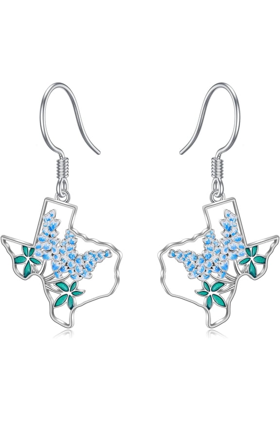 Texas Earrings 925 Sterling Silver Texas State Map Flag Dangle Earrings Hometown Bluebonnets Jewelry Texas Gifts for Women Love TX