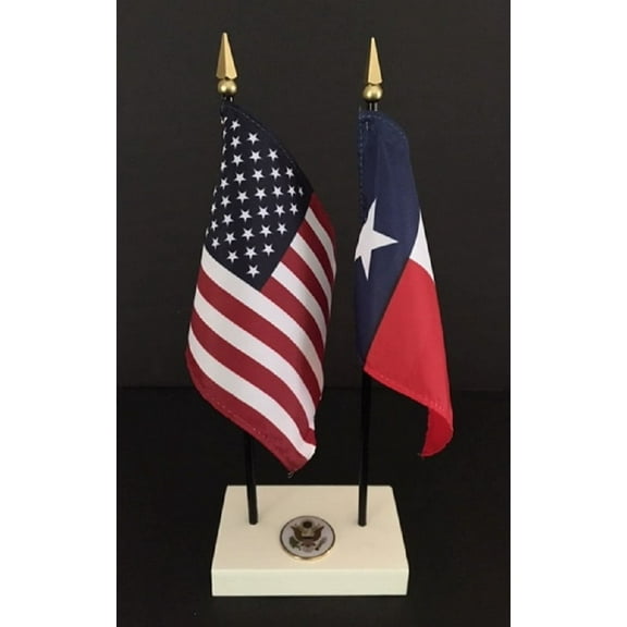 Texas Executive Desk Set; Two 4x6 Inch Flags, White Base with US Seal