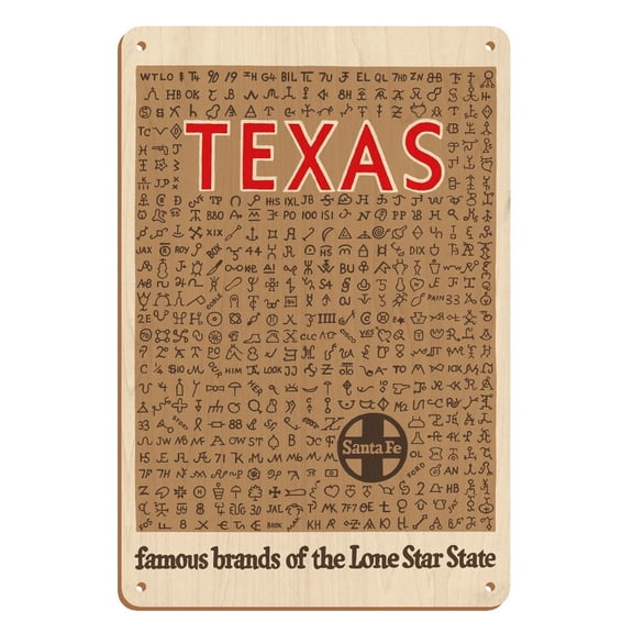Texas - Famous Cattle Brands of the Lone Star State - Santa Fe Railroad - Vintage Railroad Travel Poster c.1946 - 8 x 12 inch Vintage Wood Art Sign