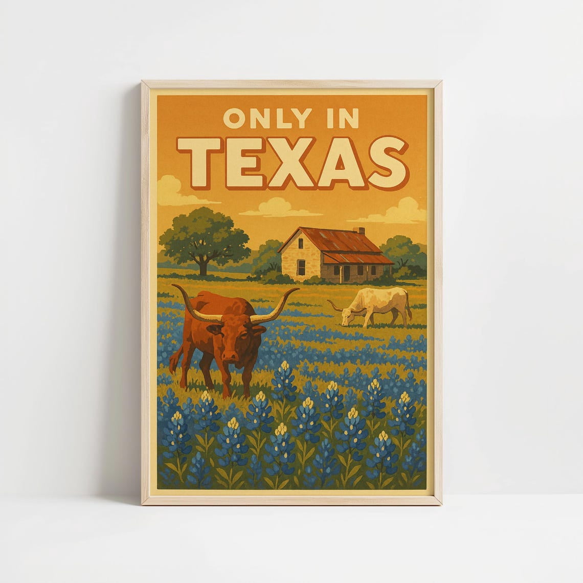 Texas Farm Longhorn Bluebonnet Wall Art Print, Rustic Southern Decor ...
