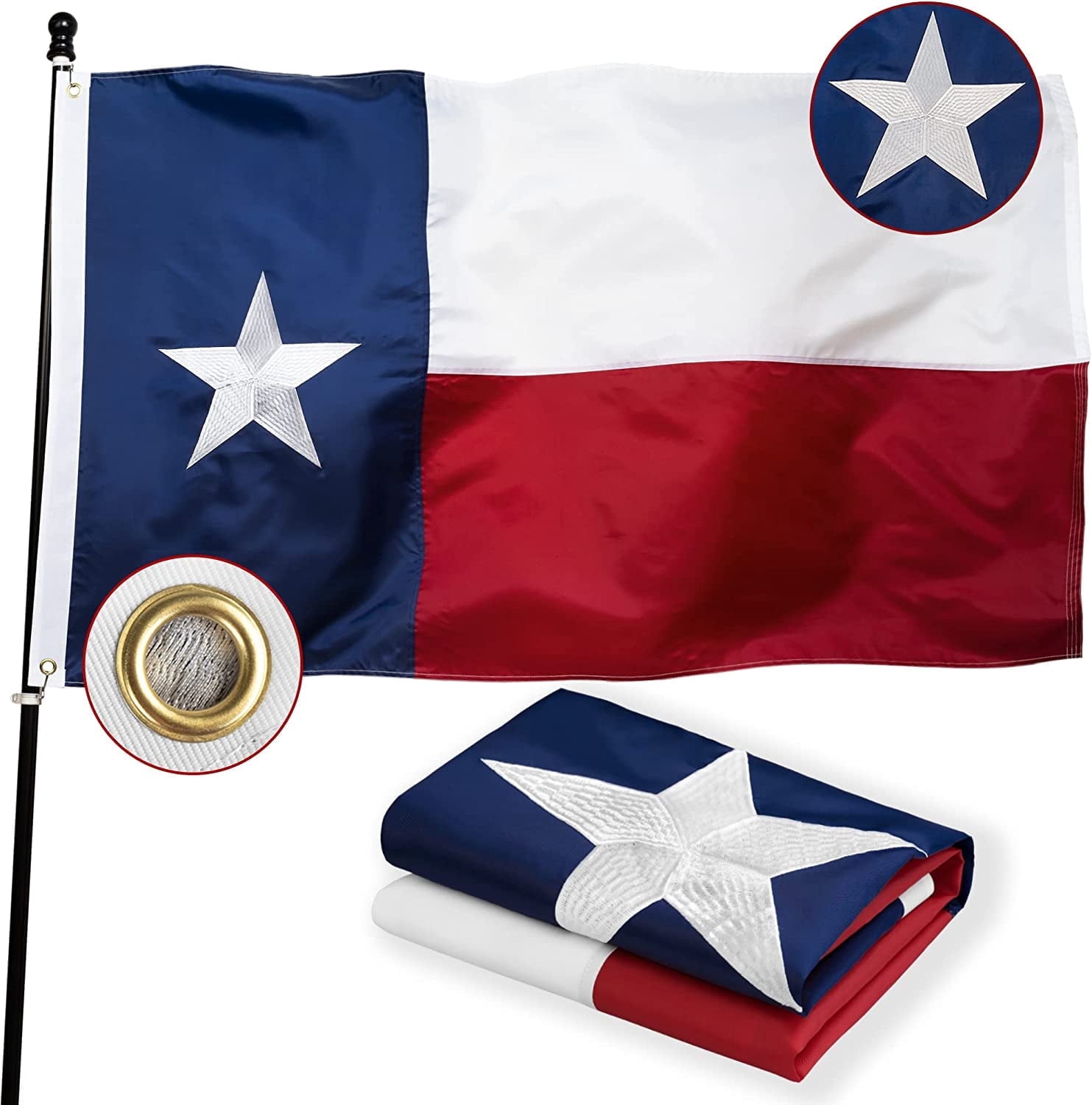 Texas Flag 5x8 Feet Embroidered Star Sewn Stripes Outdoor Heavy Duty 210D Oxford Nylon Flags Vivid Color - Canvas Header Brass Grommets and 4 Stitch Hemming USA Flag