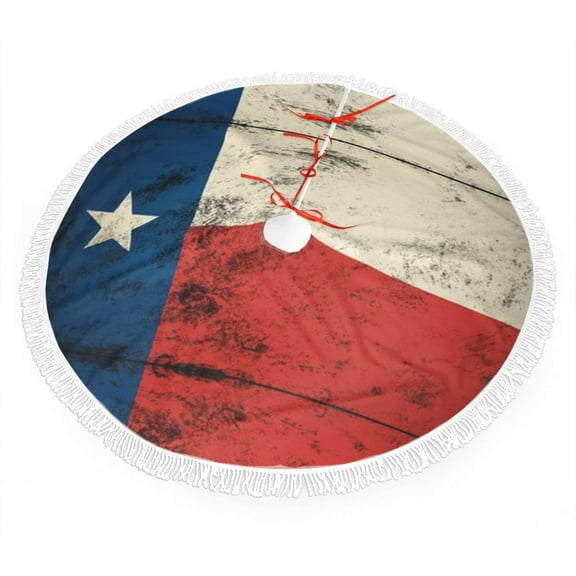 Texas Flag Distressed Christmas Tree Skirt Tassel Lace for Xmas Ornaments Decoration 30"