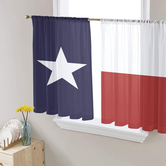Texas Flag Red Blue and White Semi Sheer Curtains 45 Inch Length 2 Panels Set, Sheer Kitchen Curtain Privacy Voile Window Curtain for Living Room Bedroom Rod Pocket Drapes