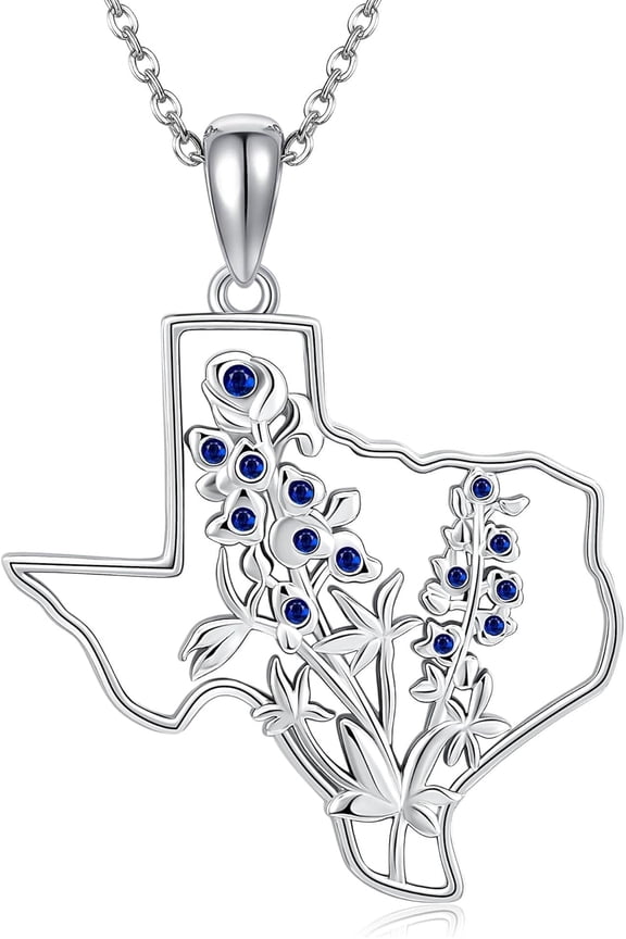 Texas Gifts S925 Sterling Silver Bluebonnets Texas Necklace Texas State Map Pendant Jewelry Gifts for Women Female
