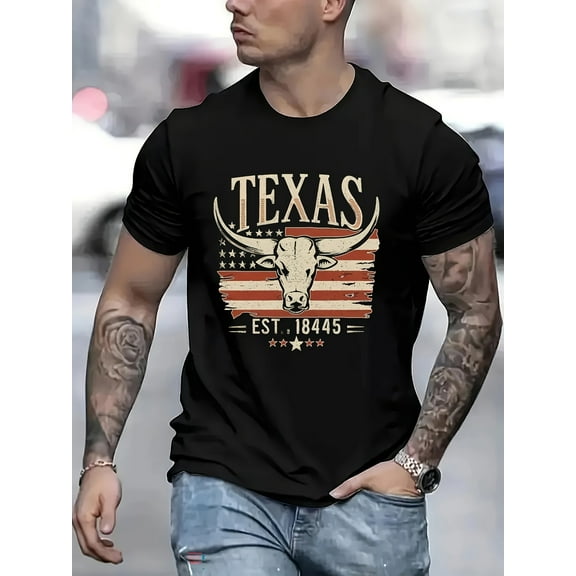 Texas Graphic Men's Short Sleeve T-shirt, Comfy Stretchy Trendy Tees For Summer, Casual Daily Style Fashion Clothing