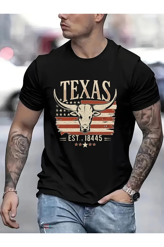 Texas Graphic Men's Short Sleeve T-shirt, Comfy Stretchy Trendy Tees For Summer, Casual Daily Style Fashion Clothing