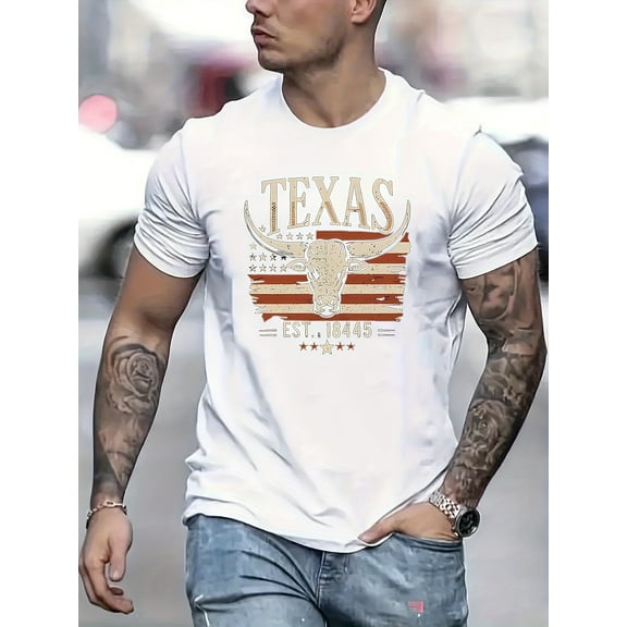 Texas Graphic Men's Short Sleeve T-shirt, Comfy Stretchy Trendy Tees For Summer, Casual Daily Style Fashion Clothing