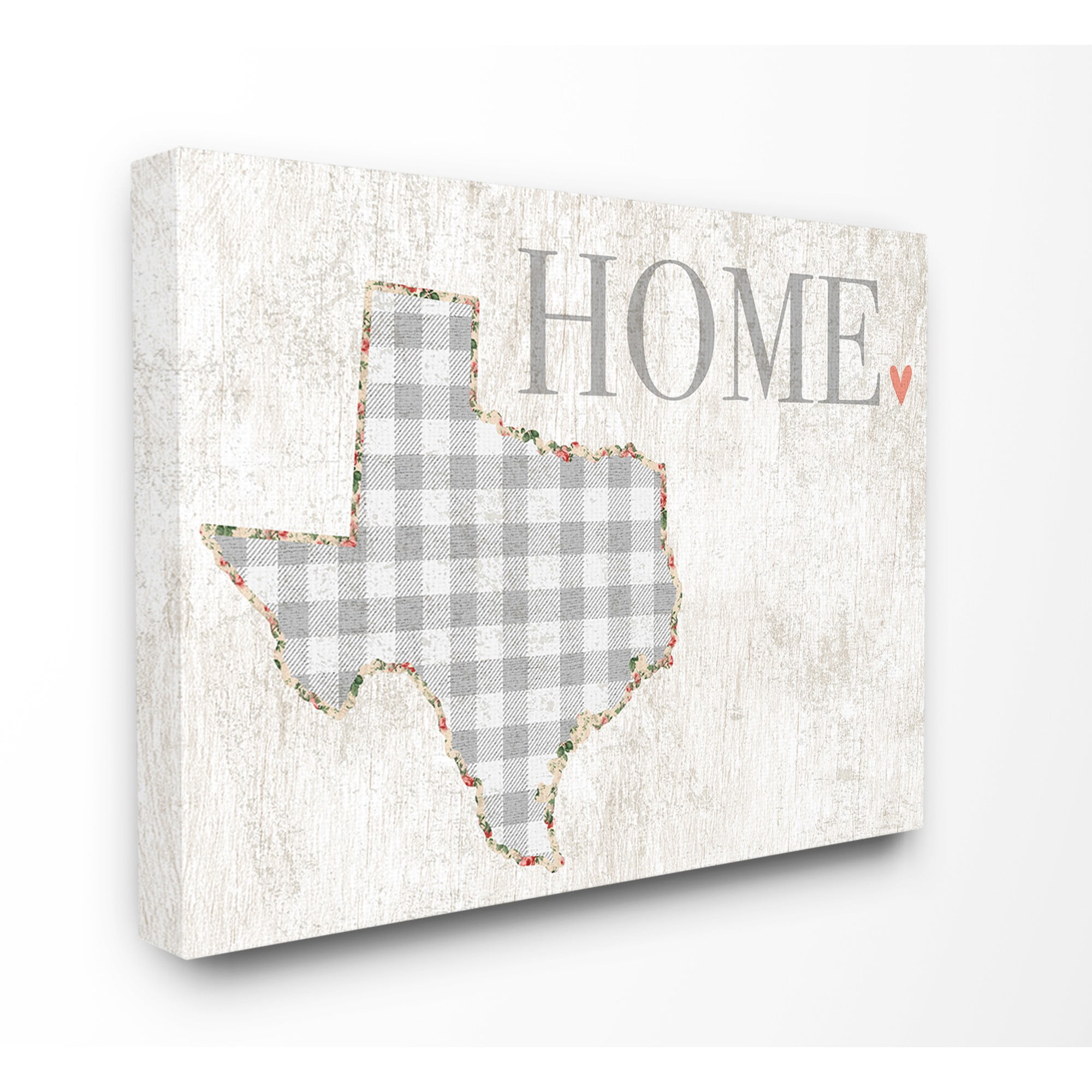 Texas Grey Gingham and Floral Heart and Home Stretched Canvas Wall Art, 30 x 1.5 x 40