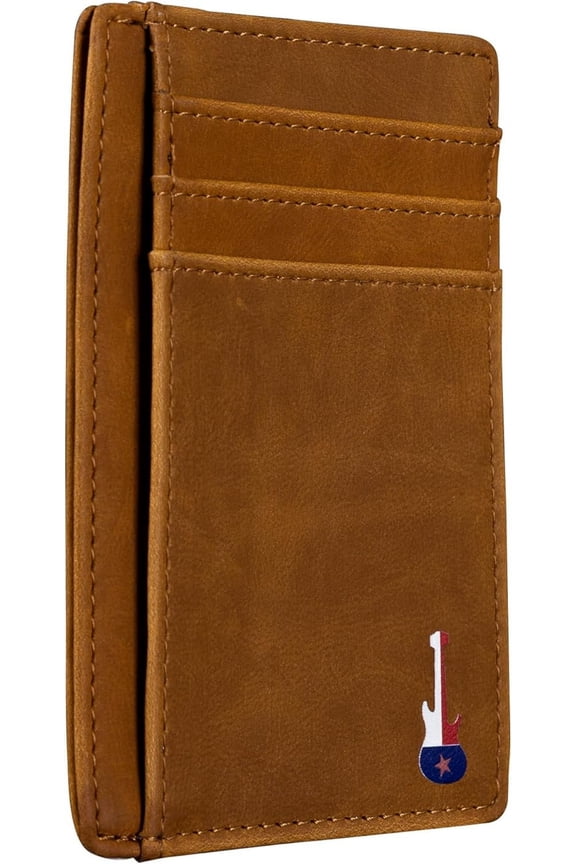 Texas Guitar on Cardholder, Slim Front Pocket Wallet, PU Leather, Khaki, Card Holder, RFID Blocking with Texas Souvenir Logo, Gift for Texans and their lovers