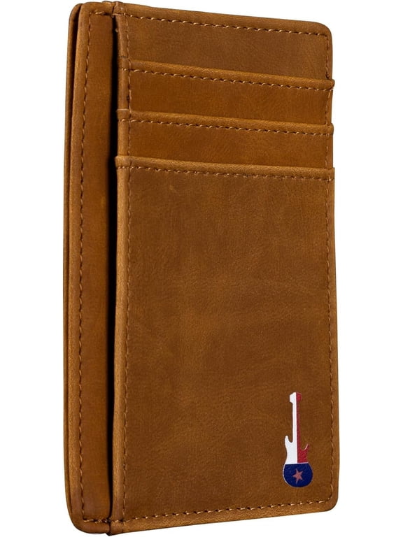 Texas Guitar on Cardholder, Slim Front Pocket Wallet, PU Leather, Khaki, Card Holder, RFID Blocking with Texas Souvenir Logo, Gift for Texans and their lovers