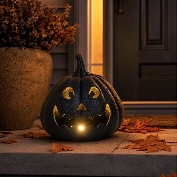 Texas Halloween Jack-o'-Lantern Tabletop Decoration, Glowing Halloween Pumpkin Decoration for Mantel, Table, Shelf, Indoor Home, Black, 9"