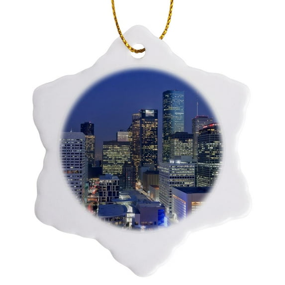 3drose, Texas, Houston. Downtown Skyline - Us44 Mde0116 - Michael Defreitas, 3 inch Snowflake Porcelain Ornament