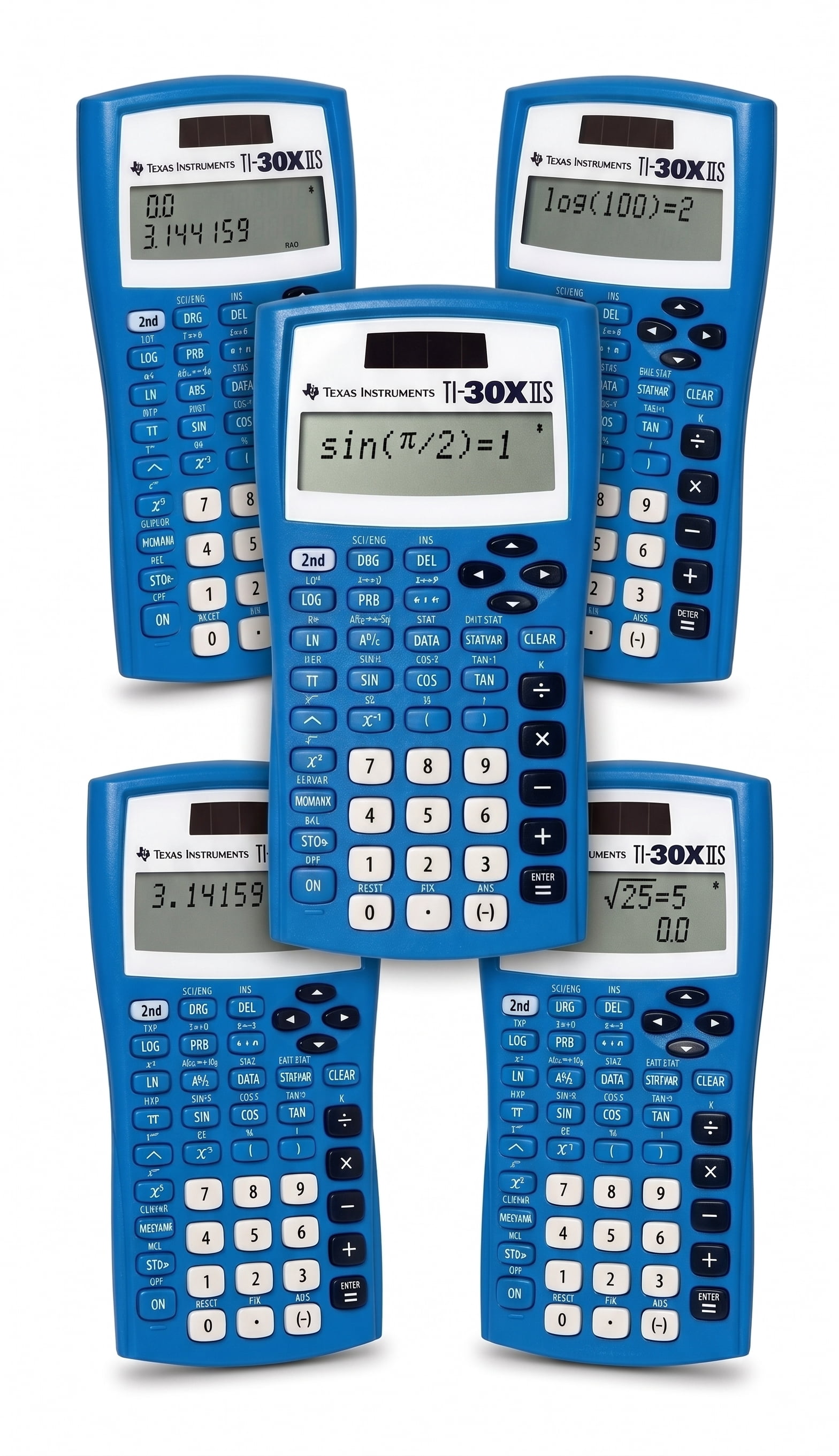 Texas Instruments 30XIIS Two-Line Scientific Calculator, Solar & Battery Powred, Blue, 5 Pack
