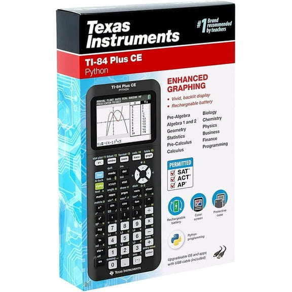 Pre-Owned Texas Instruments TI-84 Plus CE Python Graphing Calculator, Black, High School and College, Python and Color Display