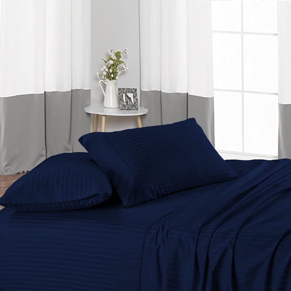 Texas King Size Bed Sheet Set 4 Piece, 400 Thread Count, 18" Deep Pocket, 100% Egyptian Cotton, Sateen Finish, Extra Soft and Luxury - Navy Blue Stripe.