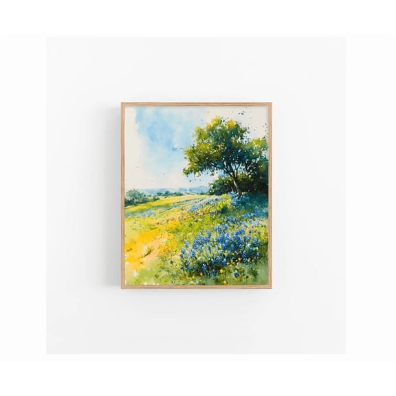 Texas Landscape Art Print Bluebonnet Flowers Painting Oak Tree Artwork By Feelingprints Wall Art