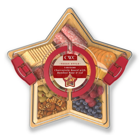 Cook With Color Texas Lone Star Shaped Charcuterie Board with Cover – 6 Compartments, Bamboo with Built-In Handle