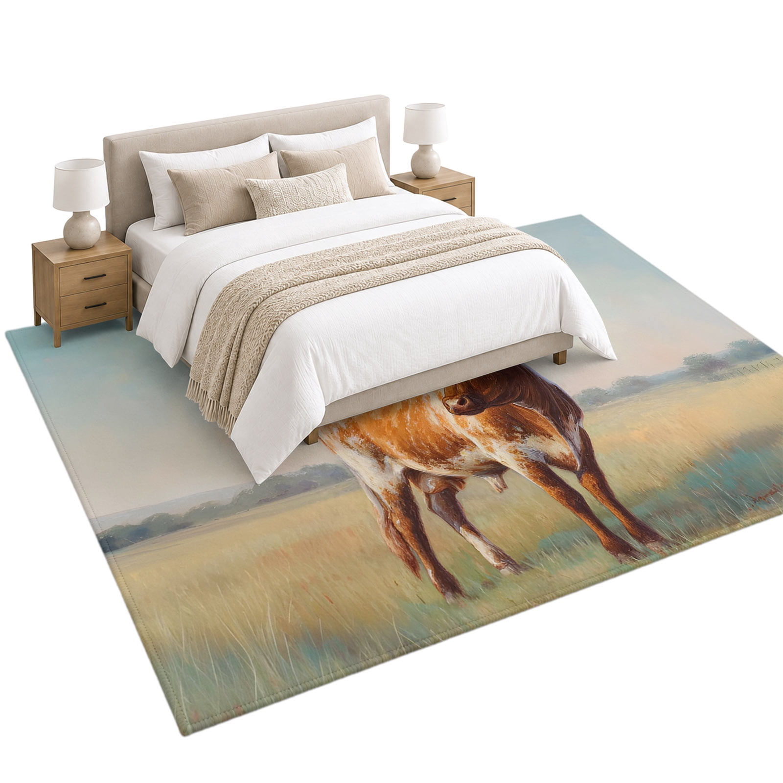 Texas Longhorn Area Rug 5'x7', Vintage Oil Painting Grass Soft Mat Non ...