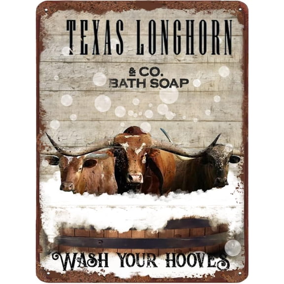 Texas Longhorn Bath Soap Wash Your Hooves Vintage Tin Sign Texas Longhorn Print Decor Funny Bathroom Decor Animal Wall Art for Home Office Hotel Apartment Metal Tin Sign Gift 12x8 Inch