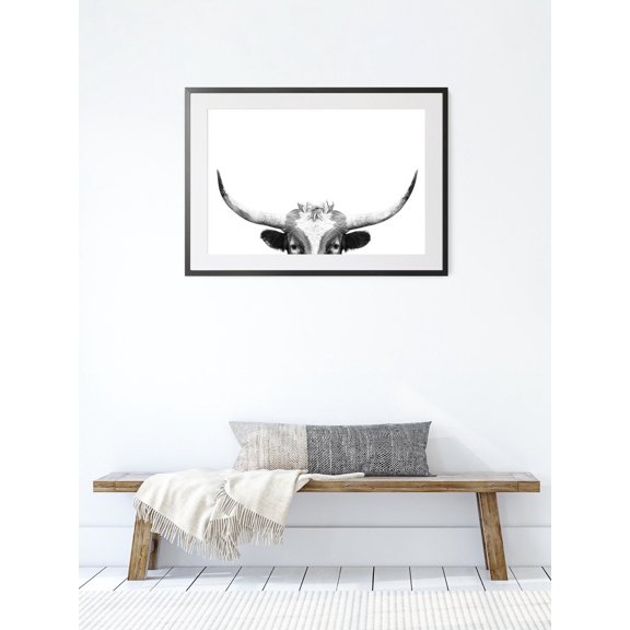 Texas Longhorn Black And White Animal Steer Bull Head Modern Farmhouse Ranch Us Cattle Wall Art Print, Nature Inspired Living Room Decor