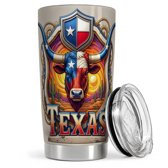 Texas Longhorn Bull 20oz Tumbler, Western Cattle Tumbler, Daily Drinks, State Flag Shield Artwork, Desert Cactus Sunset Detail, Ranch Rodeo Style For Cowboys And Country Art Fans