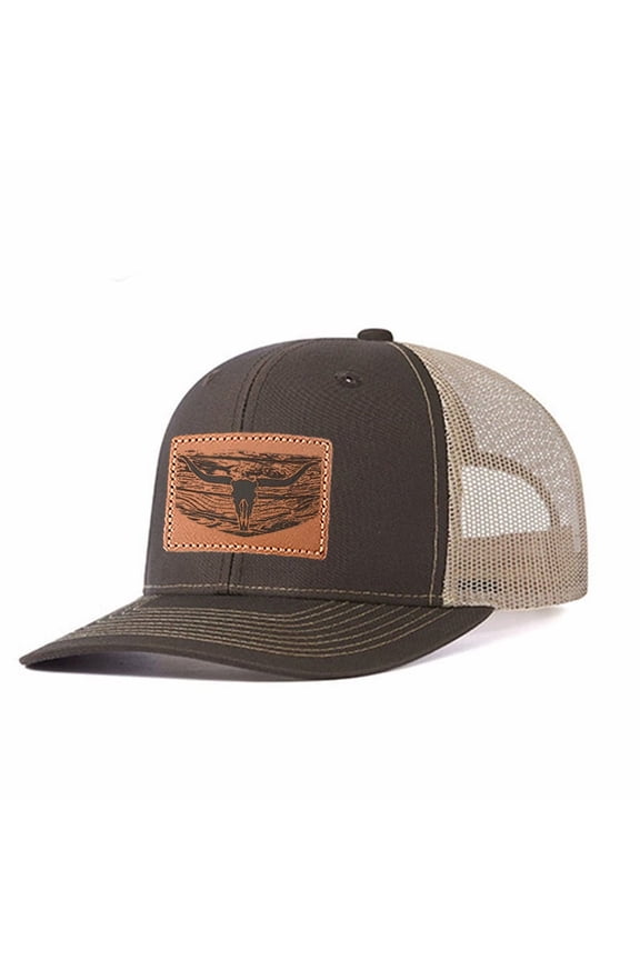 Texas Longhorn Bull Skul Western Cowboy Leather Patch Embroidered Color Block Trucker Hat Unisex Adjustable Cotton Breathable Fashion Cap for Travel Daily Wear
