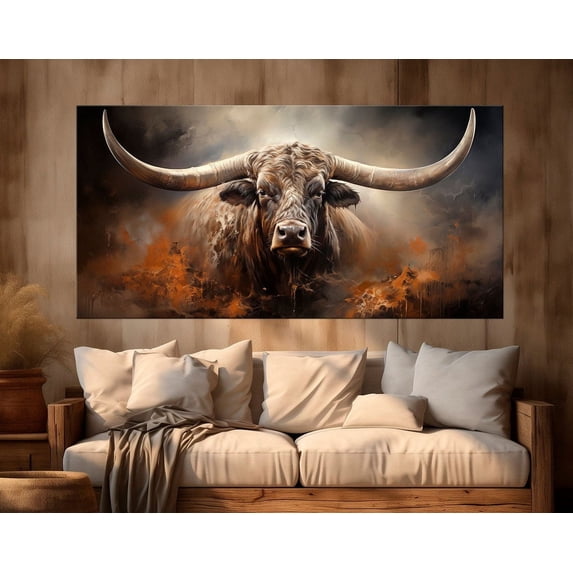 Texas Longhorn Cow Modern Farmhouse Man Cave Wall Art, Stretched Canvas 8x10in
