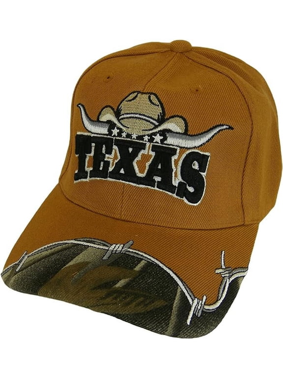 Texas Longhorn Cowboy Hat Barbed Wire Adult Size Adjustable Baseball Cap (Dark Orange)