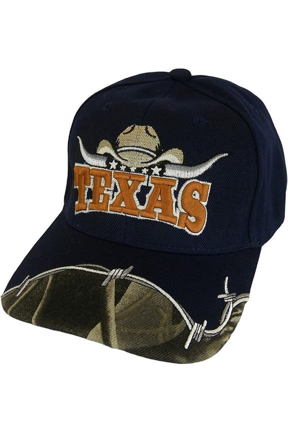 Texas Longhorn Cowboy Hat Barbed Wire Adult Size Adjustable Baseball Cap (Navy Blue)