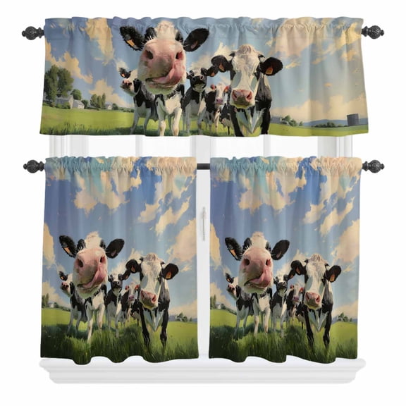 Texas Longhorn Curtain Valances Set Vintage Oil Painting Cow Grass Blue Sky Kitchen Curtains 24&nbsp;inch Length Rod Pocket Valance and Tiers 3 Piece Set Small Bedroom Bathroom Laundry Decor