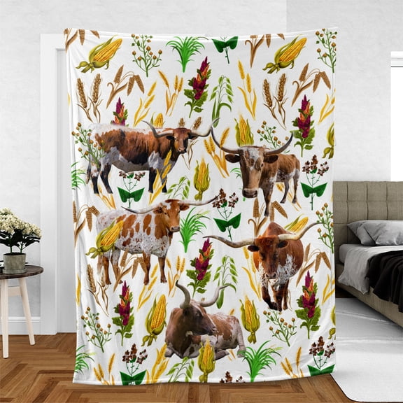 Texas Longhorn Farm Wheat Pattern Blanket, Farmer, 50x60in Fleece Blanket