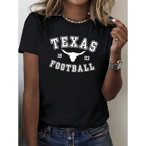 Texas Longhorn Football Graphic Print Casual Crew Neck T-Shirt For Women, Comfortable Fit Graphic Tees, Suitable For All Seasons, Daily Wear Clothes, School Wear, Street Wear Tops