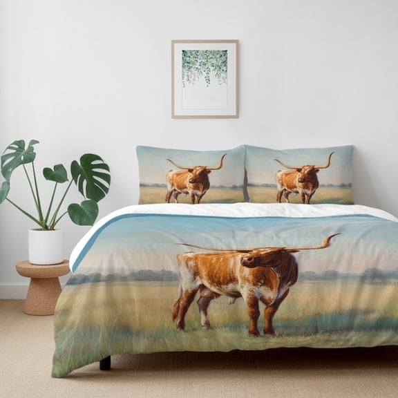 Texas Longhorn Grass Sunset California King Size Bed Set,Farmhouse Natural Landscape Bedding for All Seasons,4 Pcs Bed Set with 1 Quiltcover (96"x104"),1 Sheet (110"x98"),2 Pillowcases (20"x36")