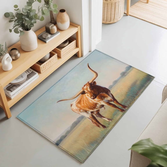 Texas Longhorn Grass Sunset Rectangle Area Rug 2x3ft,Living Room Rug Non-Slip Washable Circle Rugs Pad,Farmhouse Natural Landscape Soft Floor Carpet for Bedroom Dining Room