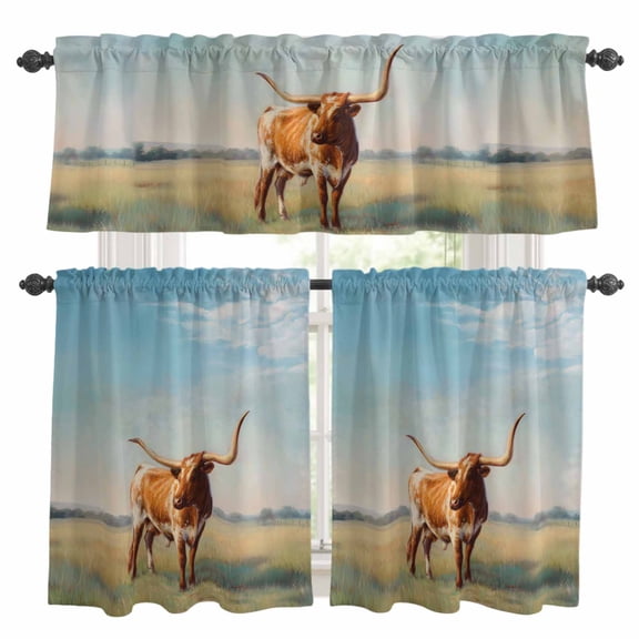 Texas Longhorn Kitchen Curtains Valances and Tiers Set of 3 Vintage Oil Painting Cow Grass Blue Sky Tier Curtains and Valance with Rod Pocket for Small Windows, 27.5"x24"