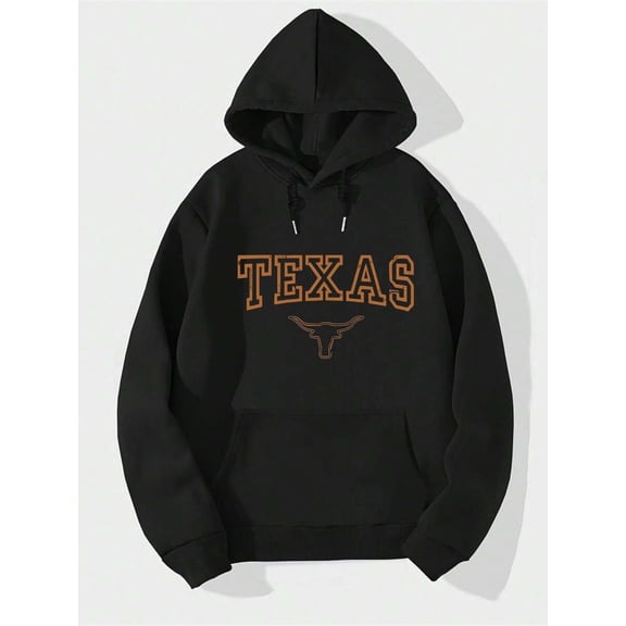 Texas Longhorn Logo Print Hoodie With Pocket For Men's Casual Wear