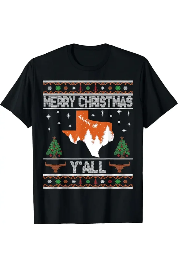 Texas Longhorn Merry Xmas Yall Ugly Sweater Style Unisex T-Shirt up to Size 5XL