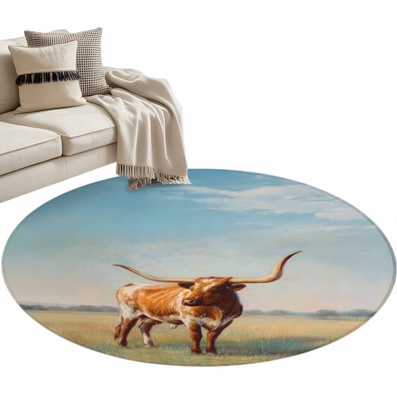 Texas Longhorn Round Rug 3.3ft Washable Circle Entryway Rugs Non Slip Grassland Sunset Farmhouse Natural Landscape Area Rug Indoor Floor Carpet for Bedroom Kitchen Living Room Office Dining Room