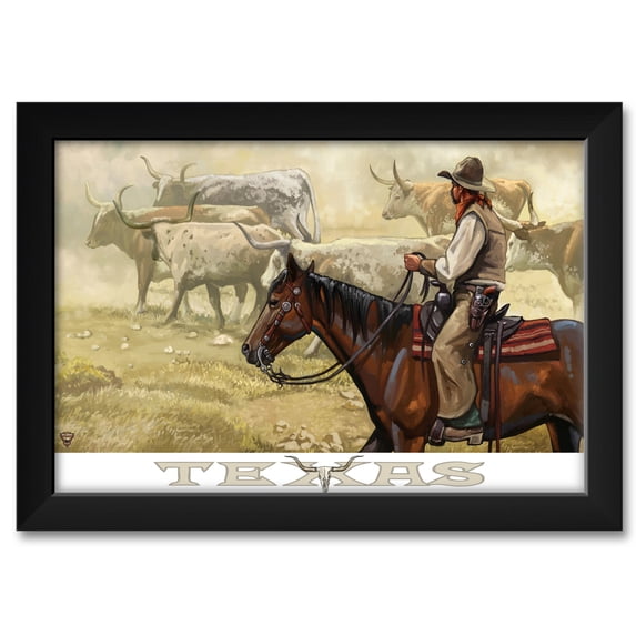 Texas Longhorn Roundup Professionally Framed Art Print from Travel Artwork by Artist Paul A. Lanquist Framed Art Size: 14" x 20"
