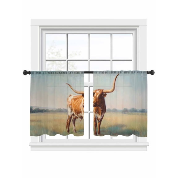 Texas Longhorn Sheer Curtains 2 Panels Set Vintage Oil Painting Cow Grass Blue Sky Sheer Window Curtains Light Filtering Rod Pocket Voile Drapes for Bedroom Living Room 52"x45"