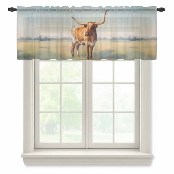 Texas Longhorn Sheer Valances for Windows, Vintage Oil Painting Cow Grass Blue Sky Semi Sheer Kitchen Valance Rod Pocket Small Voile Window Curtains for Living Room Bedroom 42 x 12 Inch