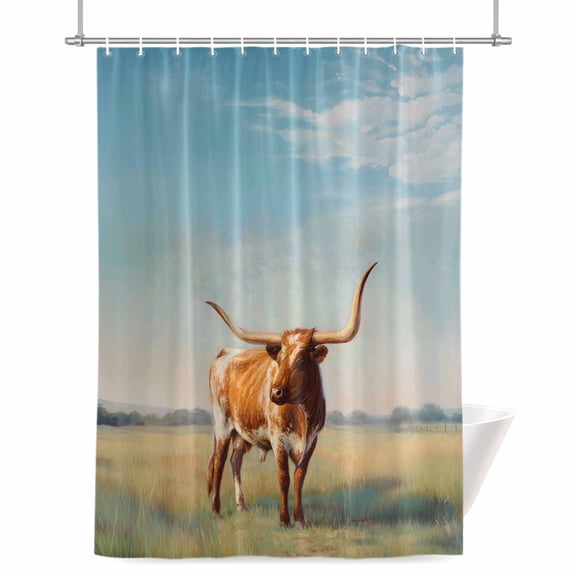 Texas Longhorn Shower Curtains for Bathroom, Vintage Oil Painting Cow Grass Blue Sky Waterproof Fabric Shower Curtain for Bathroom Bathtub Decoration, Machine Washable 48"x72"