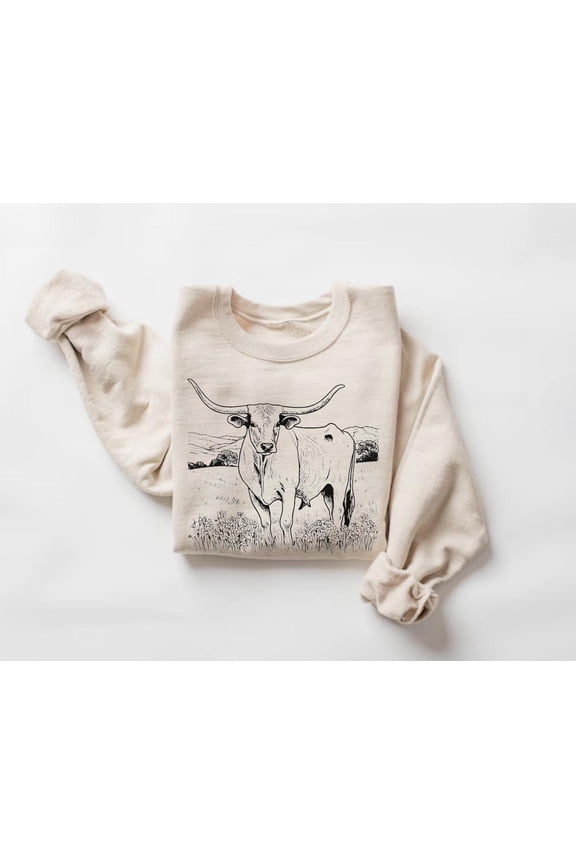 Texas Longhorn Sweatshirt, Western Landscape Crewneck, Southwest Cattle Ranch Pullover, Retro Cowboy Sweater552 Sweatshirt All Size S-5XL