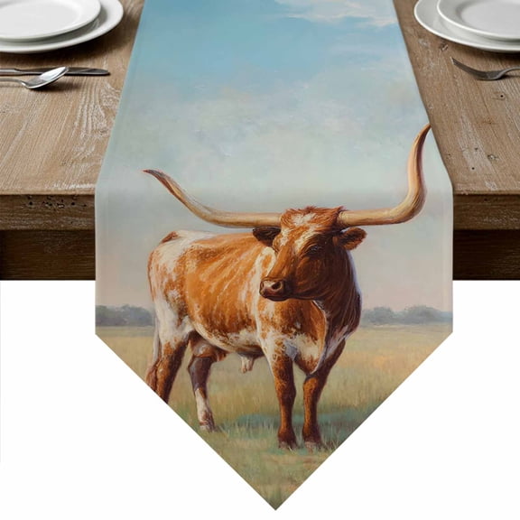 Texas Longhorn Table Runner Linen Burlap Table Runner 36 Inches Small Grassland Sunset Farmhouse Natural Landscape Dresser Scarves for Kitchen Island Coffee Dining Room Party Wedding Decor 13"x36"